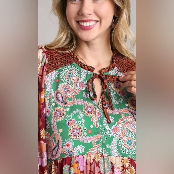 NWT Umgee Boutique Boho Hippy Floral Print Dress S - 2X green burgundy mix - Picture 6 of 15